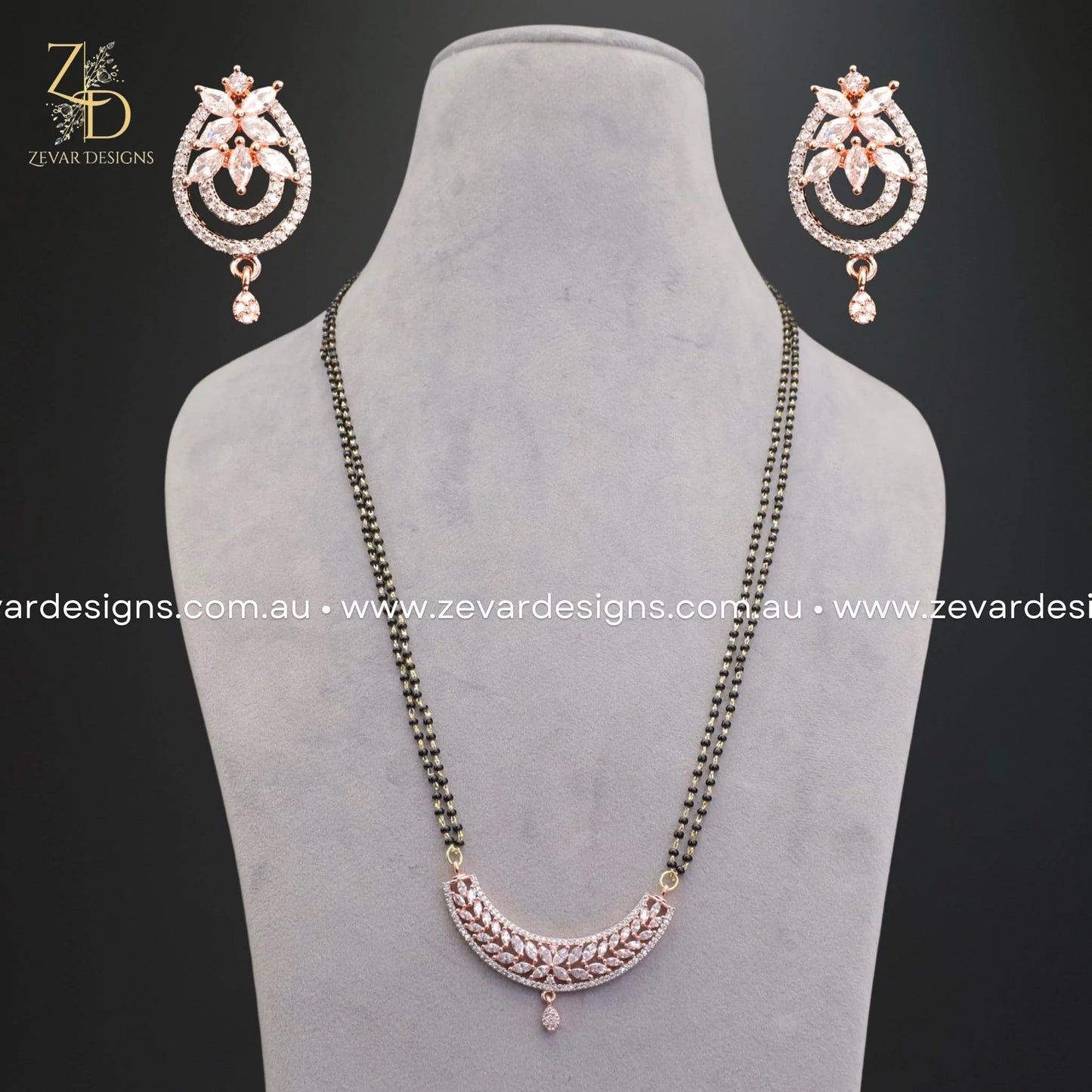 Zevar Designs Mangalsutra AD/Zircon and Earrings Set - Rose Gold