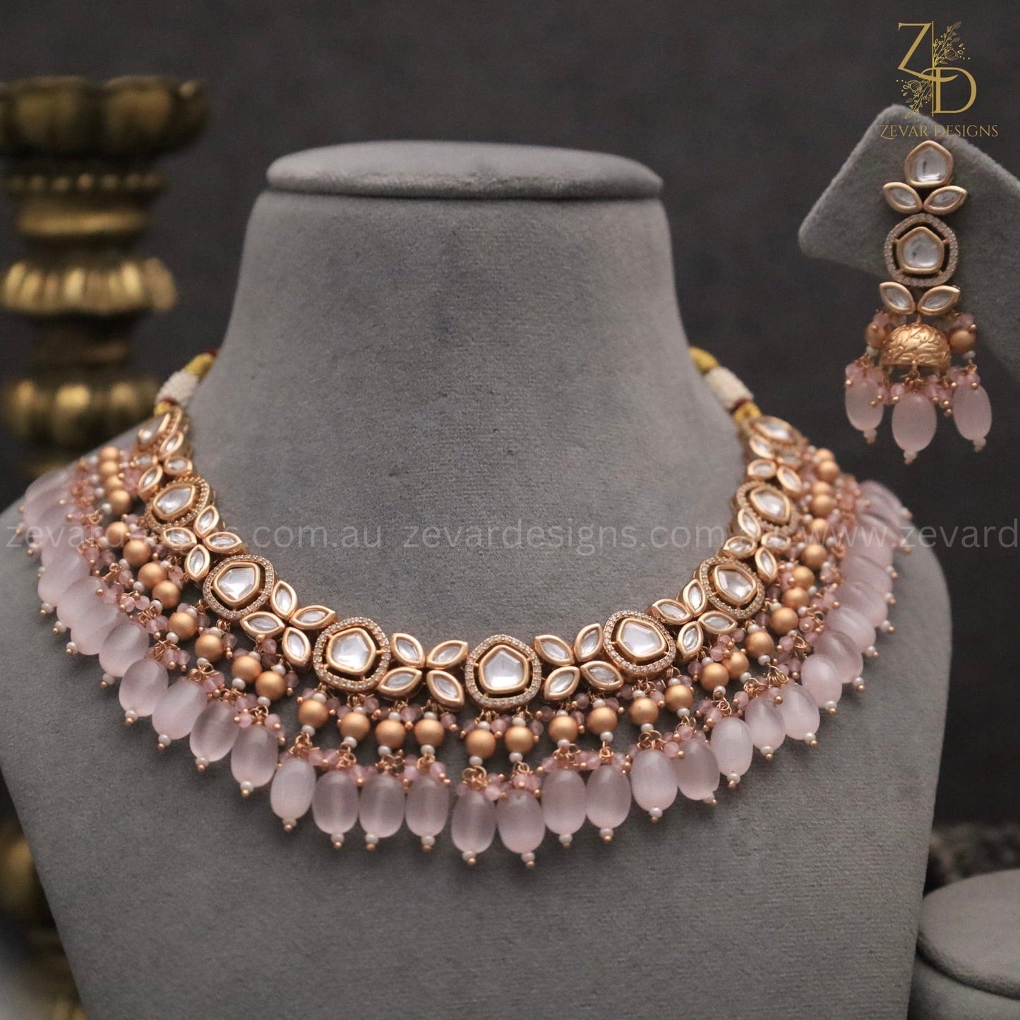 Zevar Designs Necklace Sets 18K Gold Plated Kundan Polki Beaded Necklace Set with Pearls & Baby Pink Drops