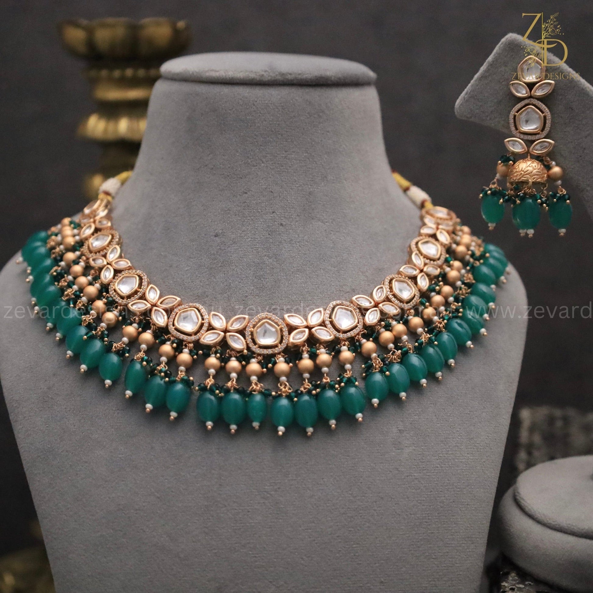 Zevar Designs Necklace Sets 18K Gold Plated Kundan Polki Beaded Necklace Set with Pearls & Emerald green drops