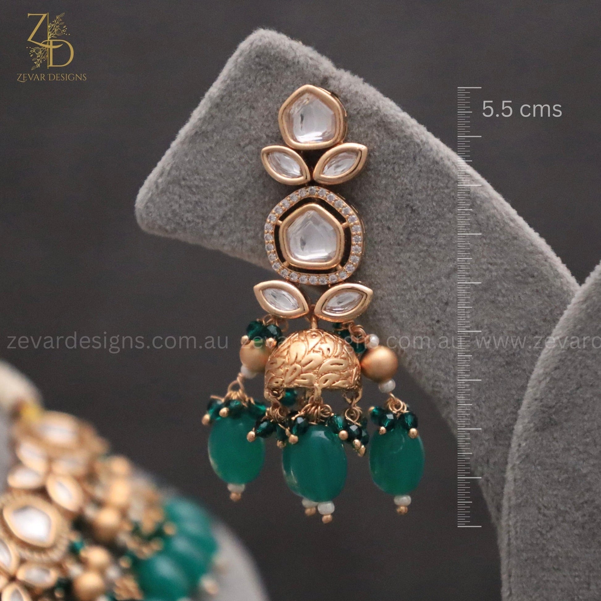 Zevar Designs Necklace Sets 18K Gold Plated Kundan Polki Beaded Necklace Set with Pearls & Emerald green drops
