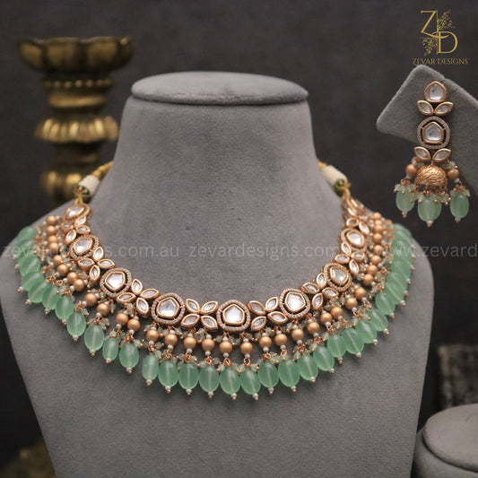Zevar Designs Necklace Sets 18K Gold Plated Kundan Polki Beaded Necklace Set with Pearls & Mint green drops