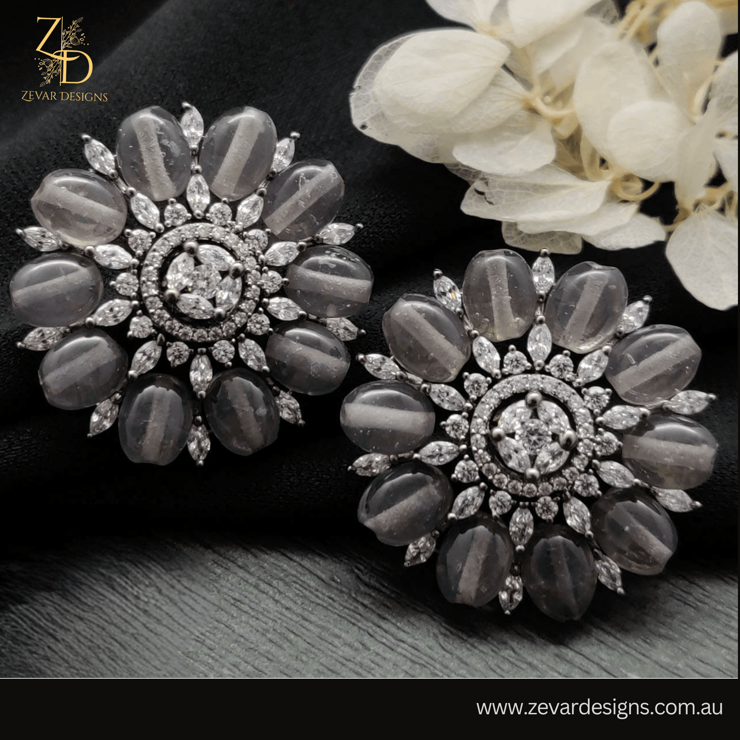 Zevar Designs Indo-Western Earrings AD Black Rhodium Finish Studs - Grey stones