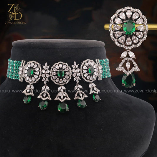 Zevar Designs Necklace Sets - AD AD Choker set with Green Drops