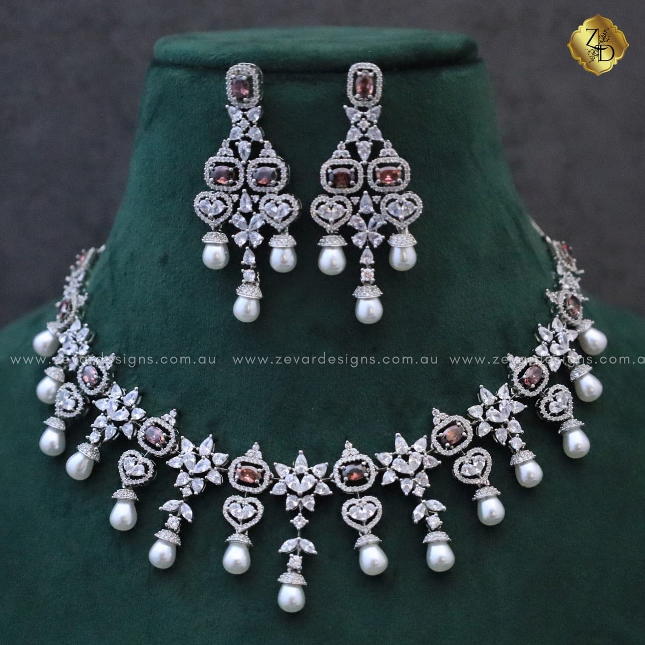 Zevar Designs Necklace Sets - AD AD Necklace Set with Pearls Drop & Rhodolite
