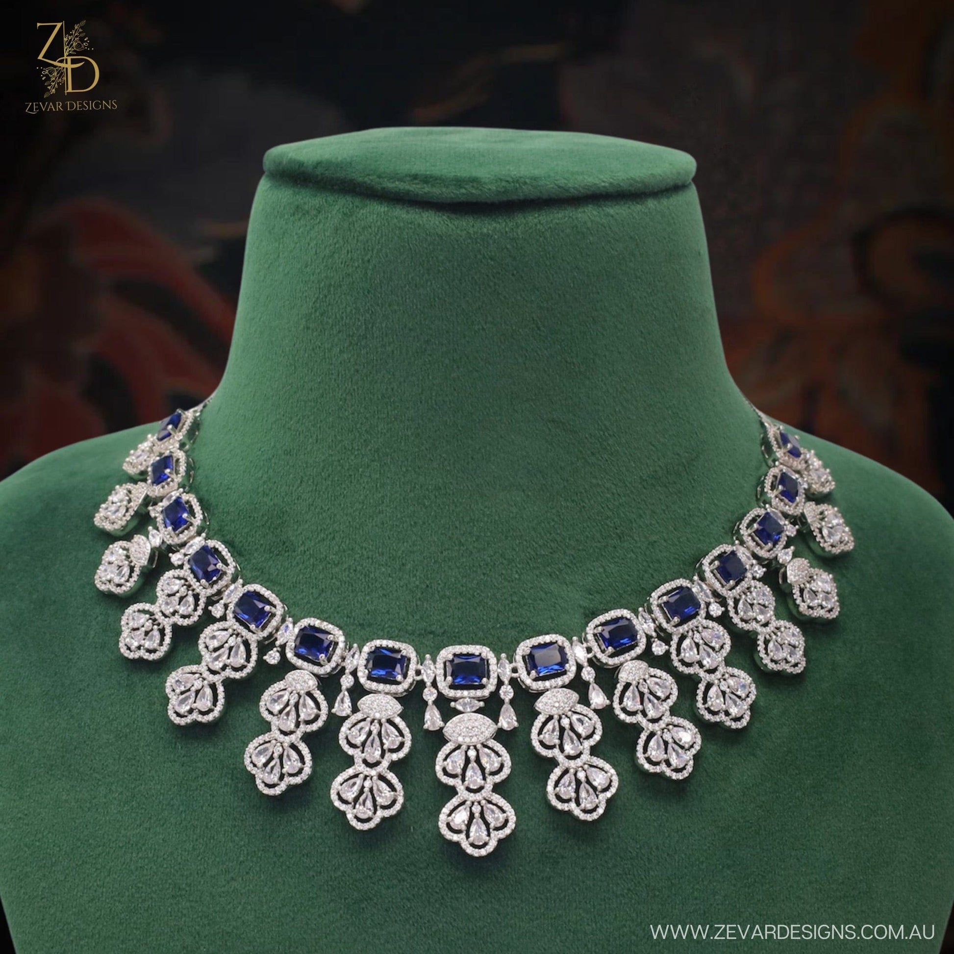 Zevar Designs Necklace Sets - AD AD Necklace Set with Sapphire Blue Stones