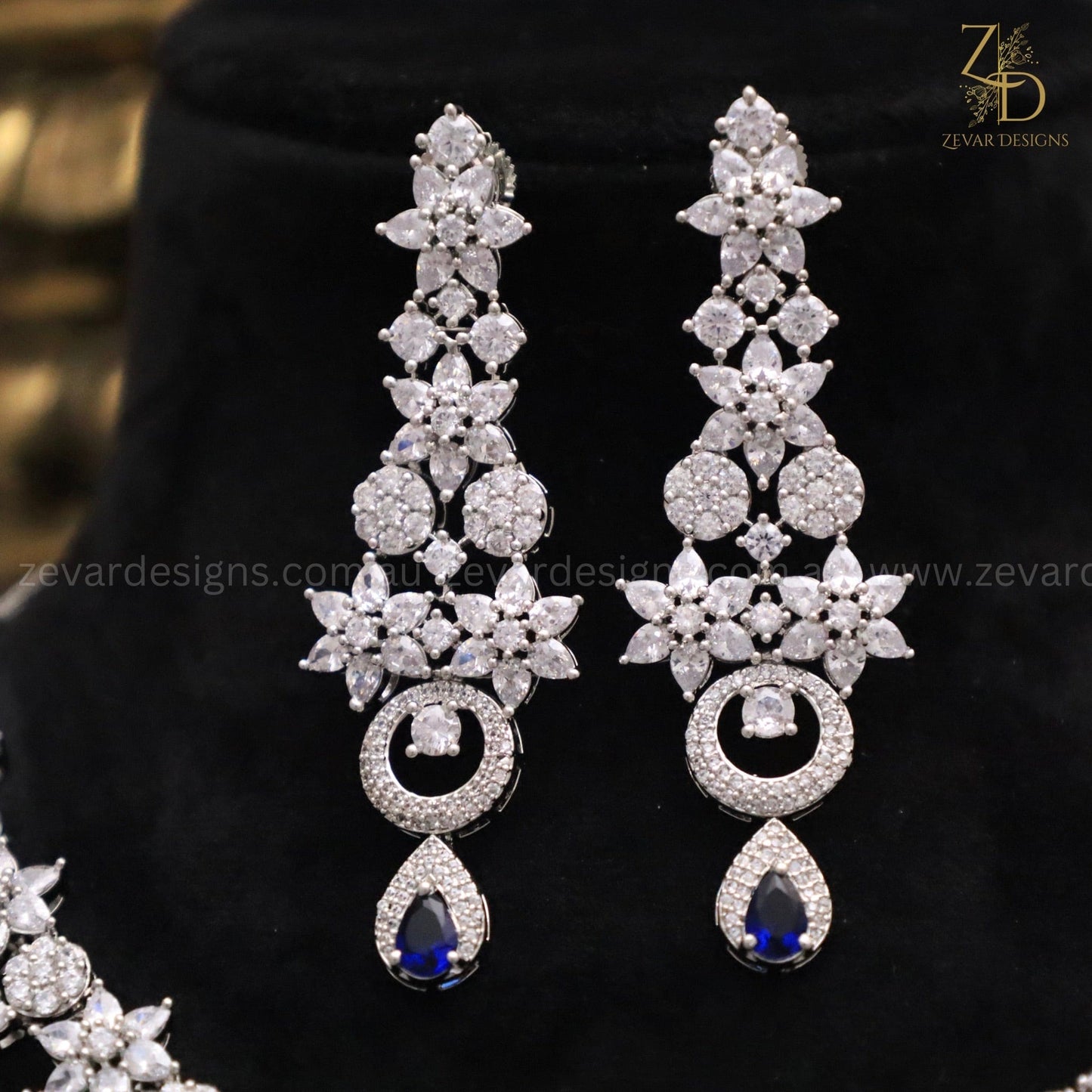 Zevar Designs Necklace Sets - AD AD Necklace Set with Sapphire Blue Stones