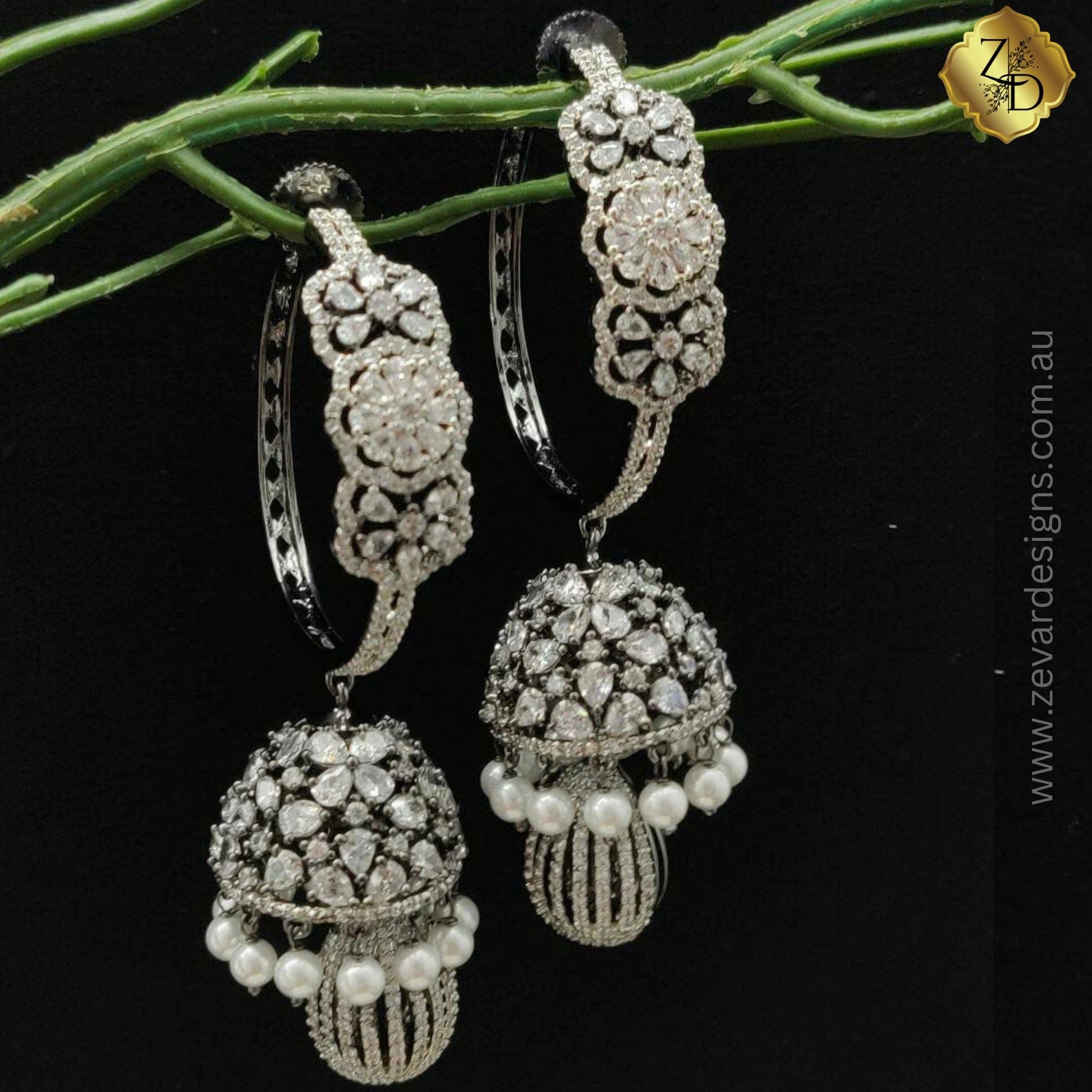 Zevar Designs Indo-Western Earrings AD & Pearls Bali Jhumki Earrings