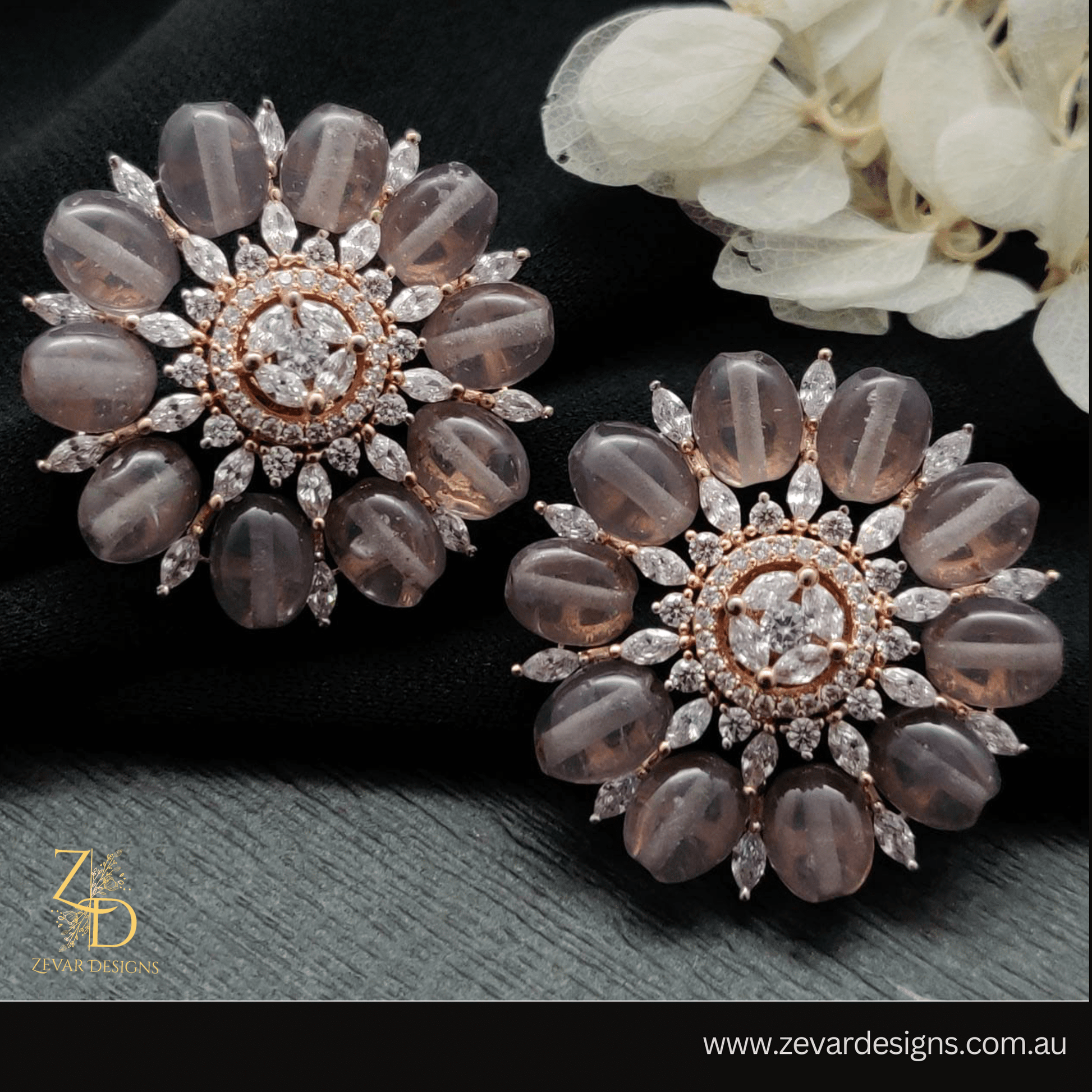 Zevar Designs Indo-Western Earrings AD Rose Gold Studs - Light Grey stones