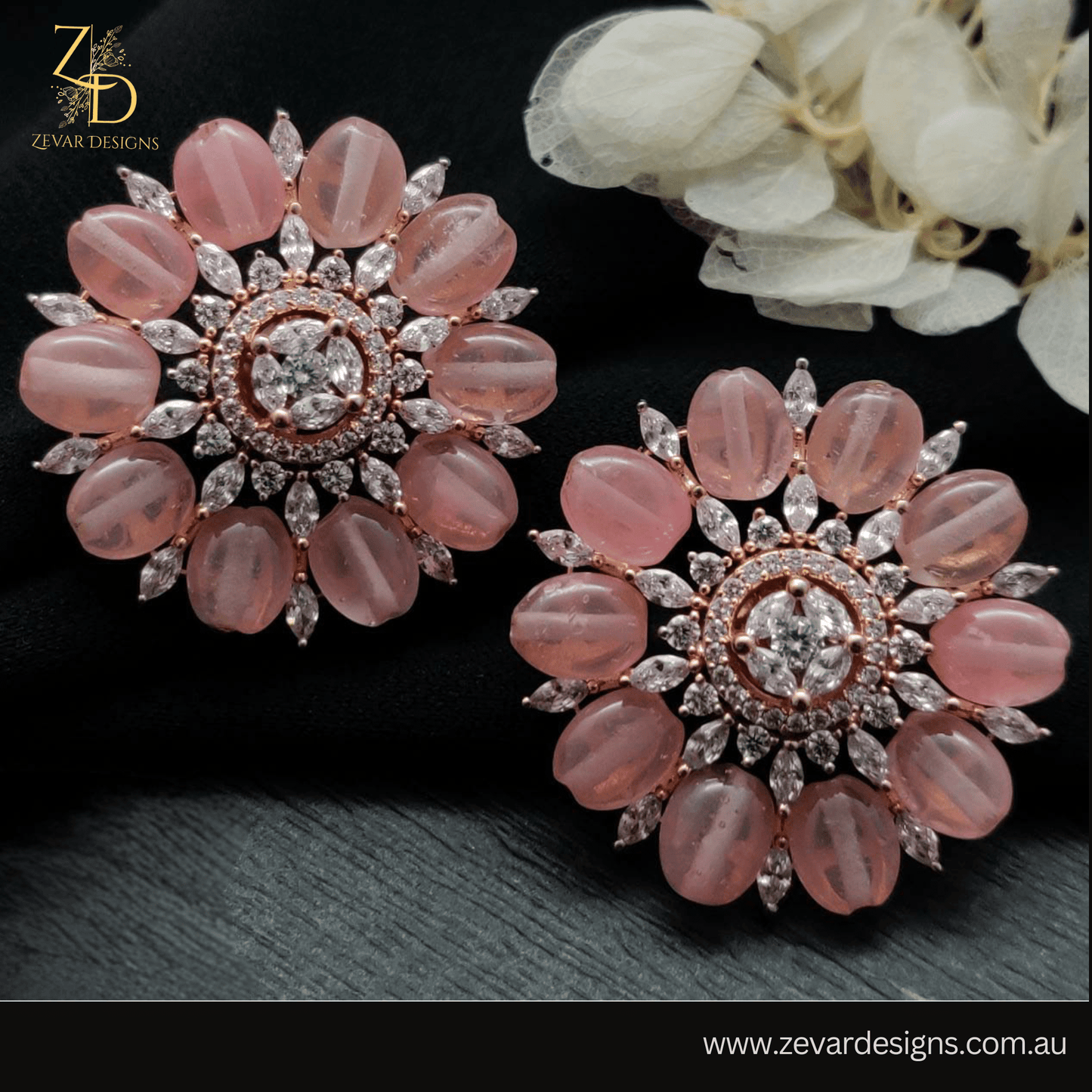 Zevar Designs Indo-Western Earrings AD Rose Gold Studs with Pink stones