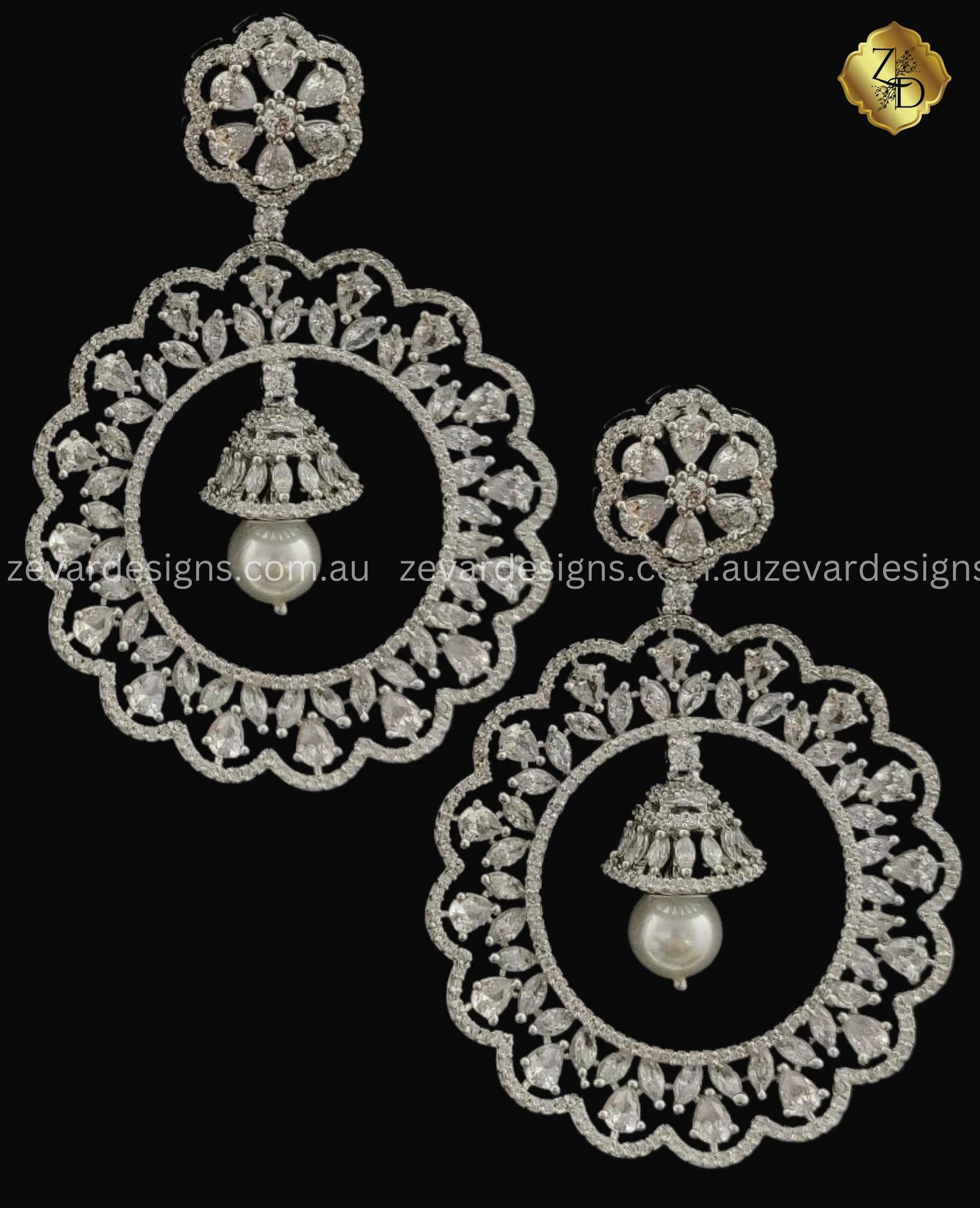 Zevar Designs Indo-Western Earrings AD/ZIRCONIA STUDDED PEARLS CHANDBALI EARRINGS
