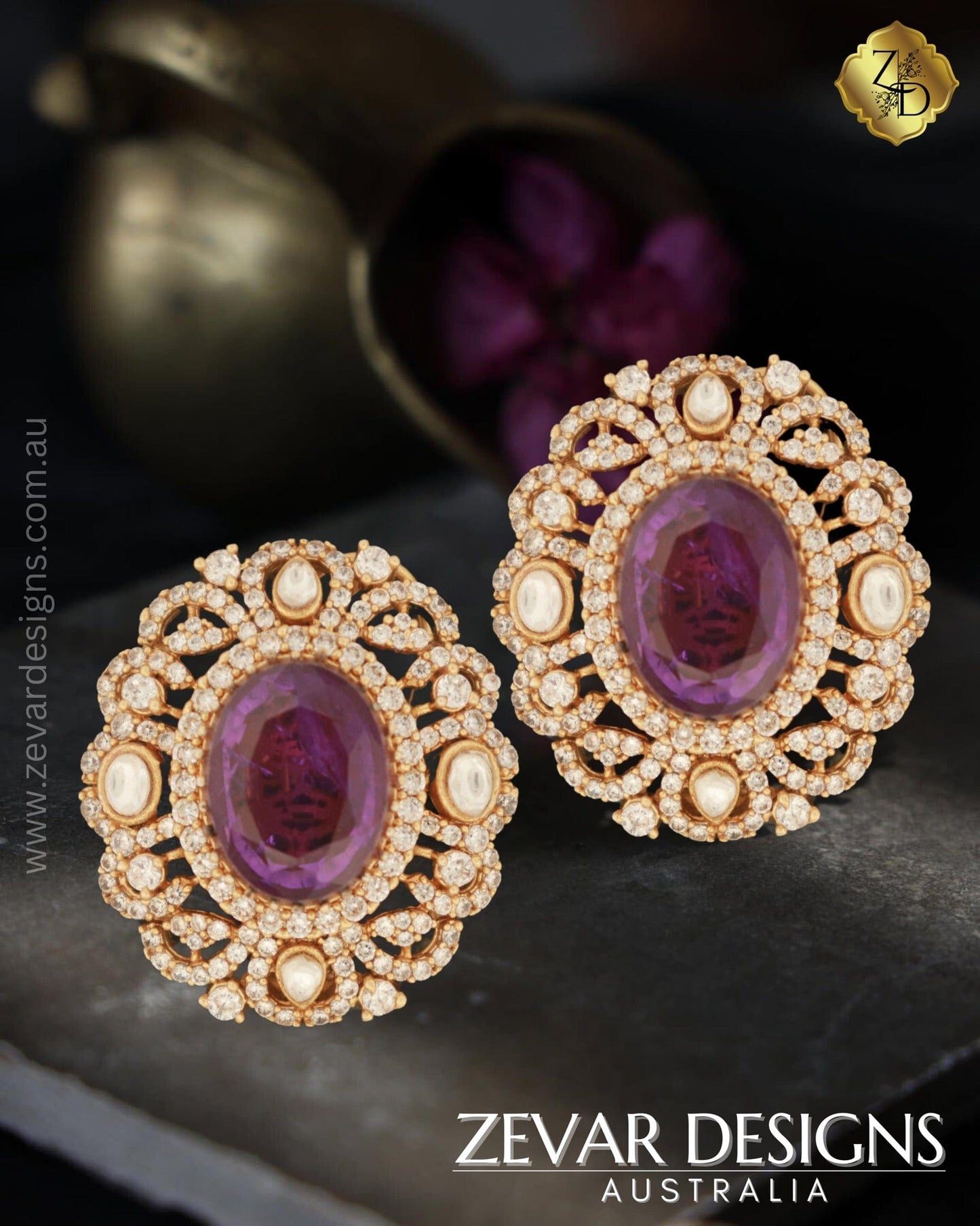 Zevar Designs Kundan Studs ‘Amethyst Doublet’ Statement Studs