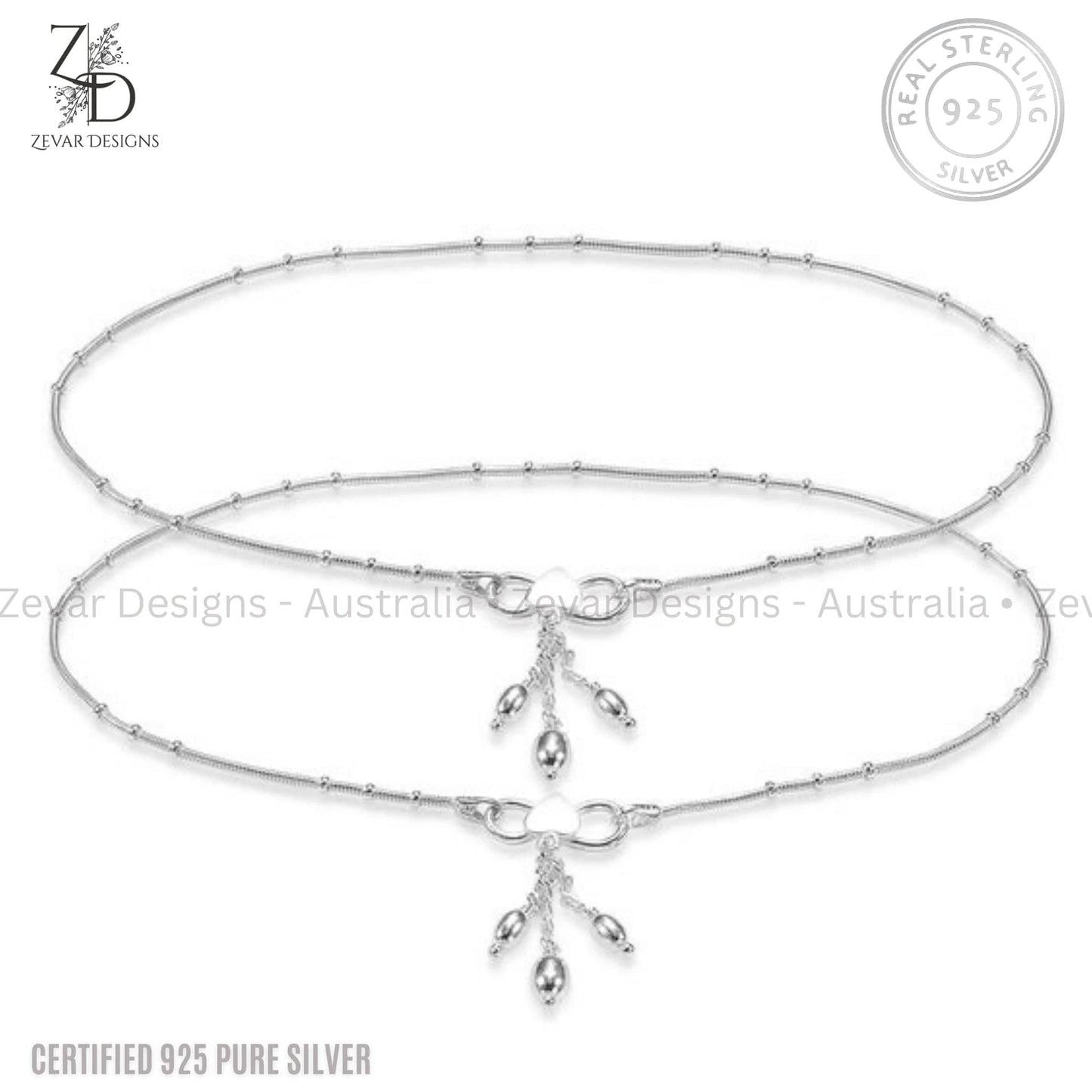 Zevar Designs - Australia’s Premium Fashion Jewellery Store Women Silver 925 Sterling Silver Modern Anklets Pair