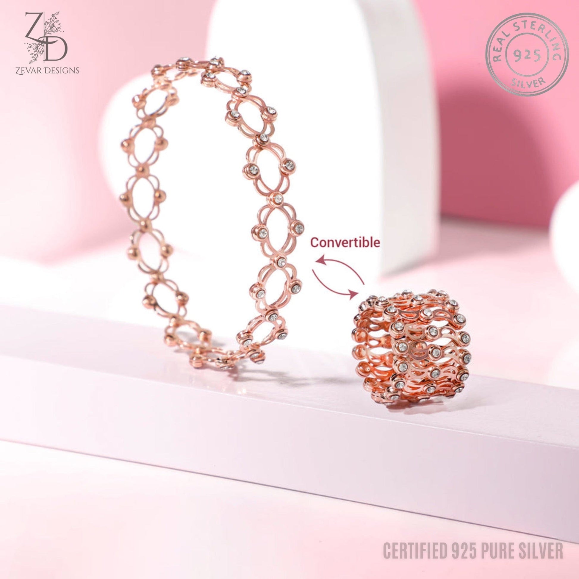 Rose Gold Supple Bracelet & Ring 925 Silver Zevar Designs