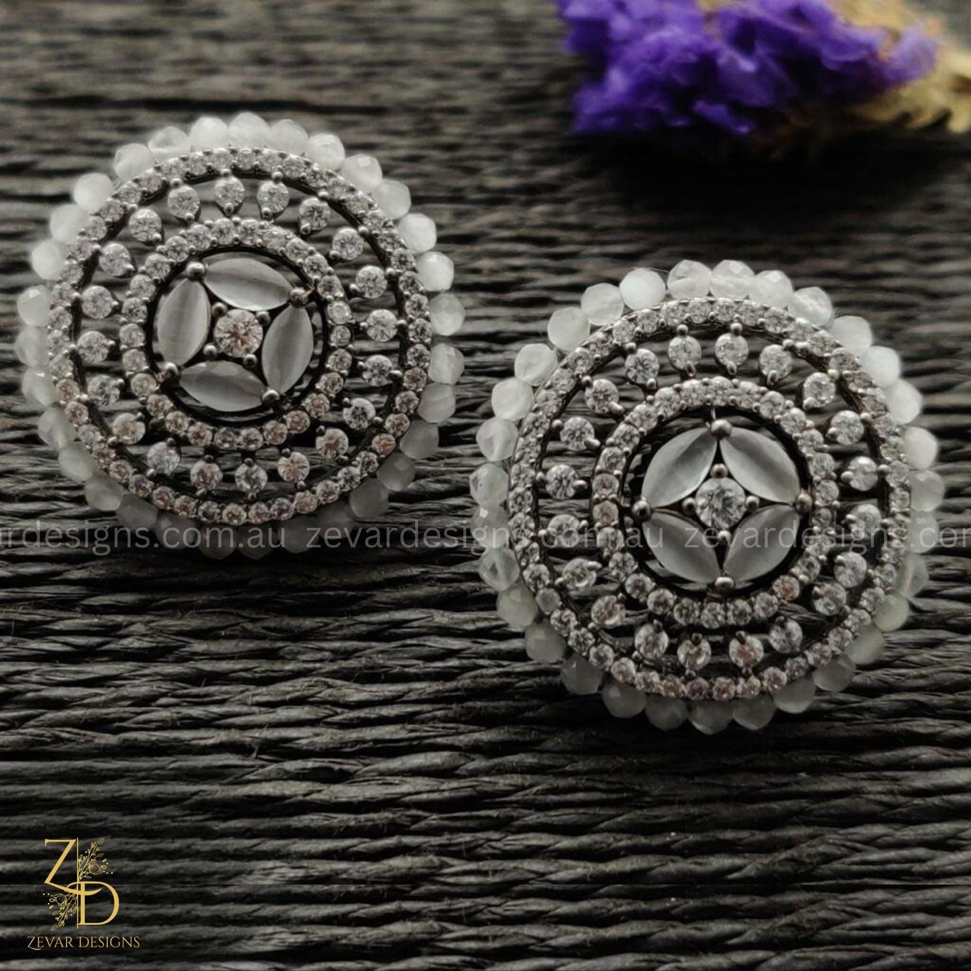 Zevar Designs Indo-Western Earrings Black Finish Grey stones Studs
