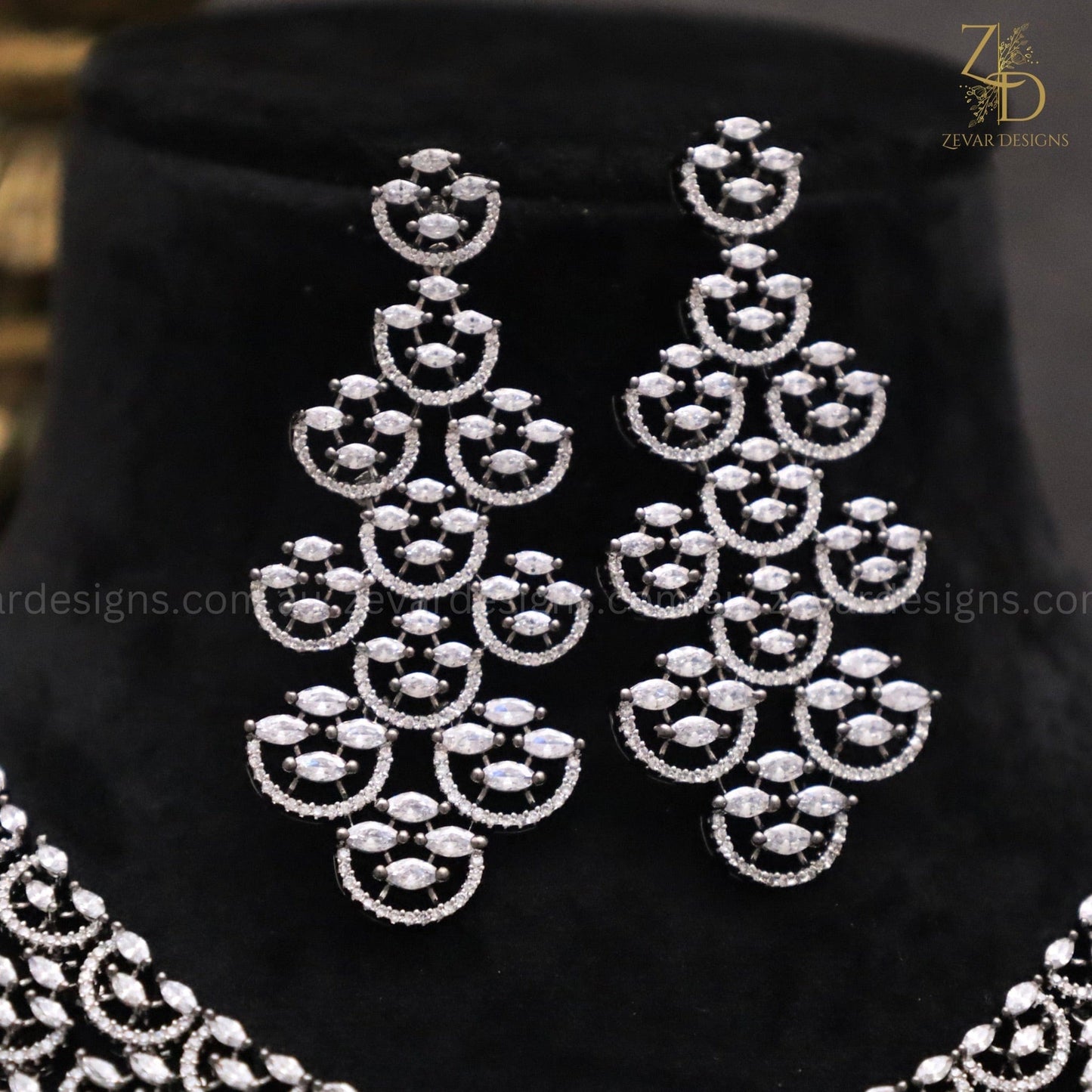 Zevar Designs Necklace Sets - AD Black & Silver Finish American Diamonds studded Necklace Set