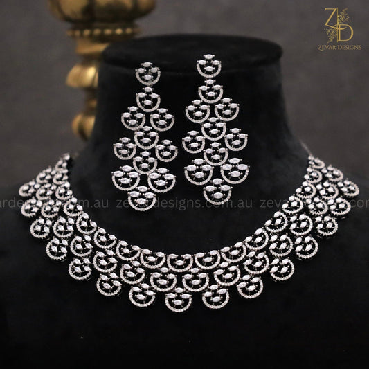 Zevar Designs Necklace Sets - AD Black & Silver Finish American Diamonds studded Necklace Set