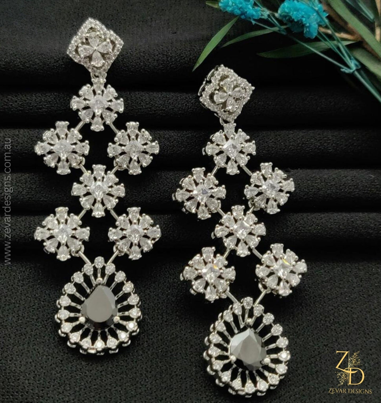 Zevar Designs Indo-Western Earrings Black stone AD Earrings