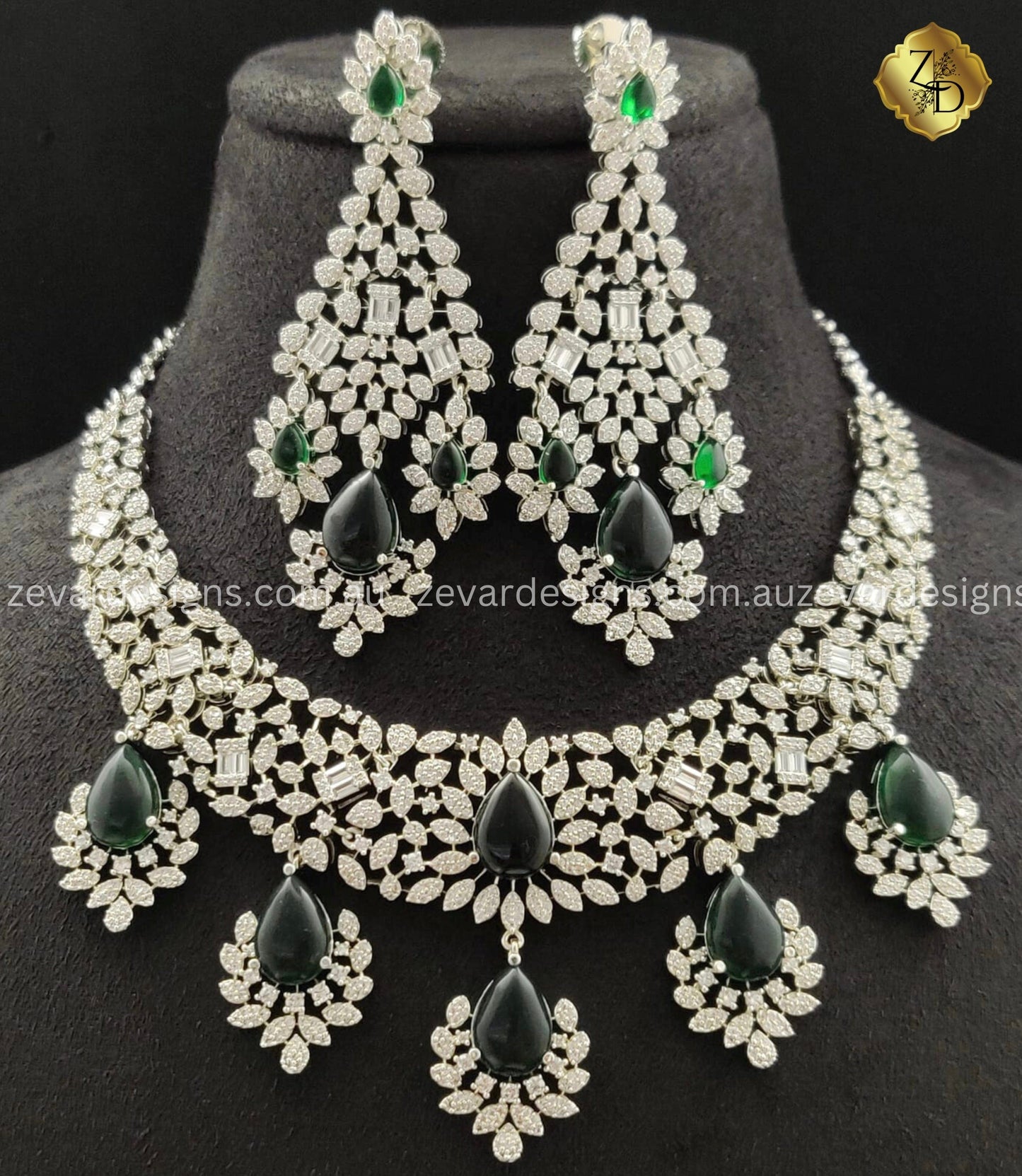 Zevar Designs Necklace Sets - AD Bridal AD/Zircon Necklace Set - Emerald Green