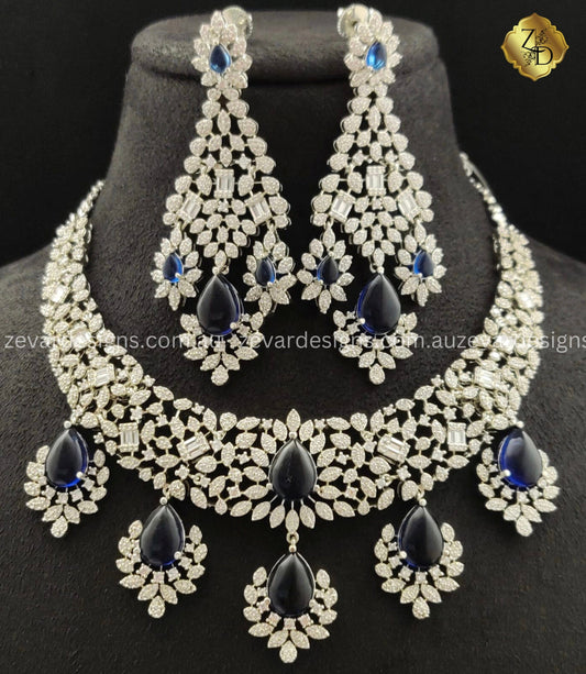 Zevar Designs Necklace Sets - AD Bridal AD/Zircon Necklace Set - Sapphire Blue