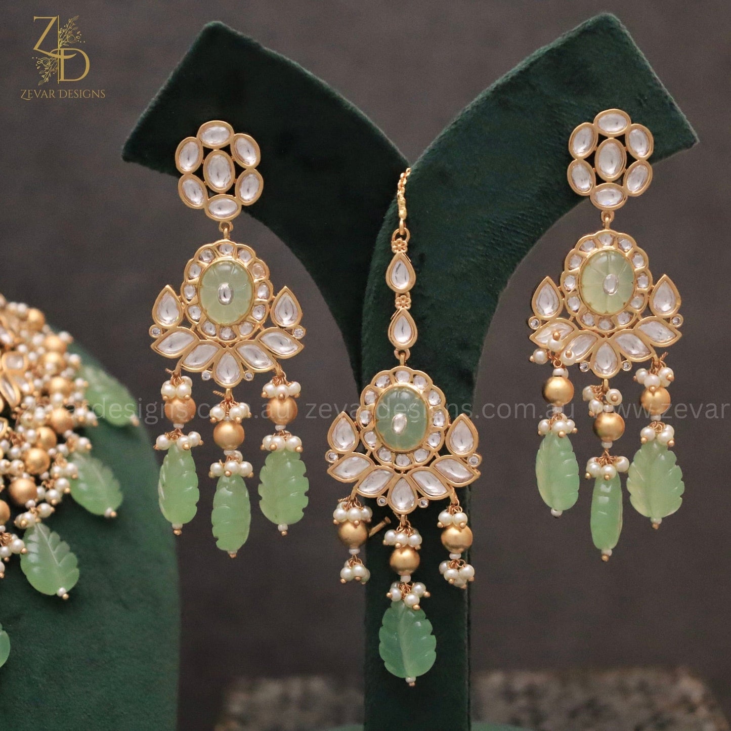 Zevar Designs Designer Necklace Sets Bridal Necklace Set with Mint Green Drops & Golden Beads