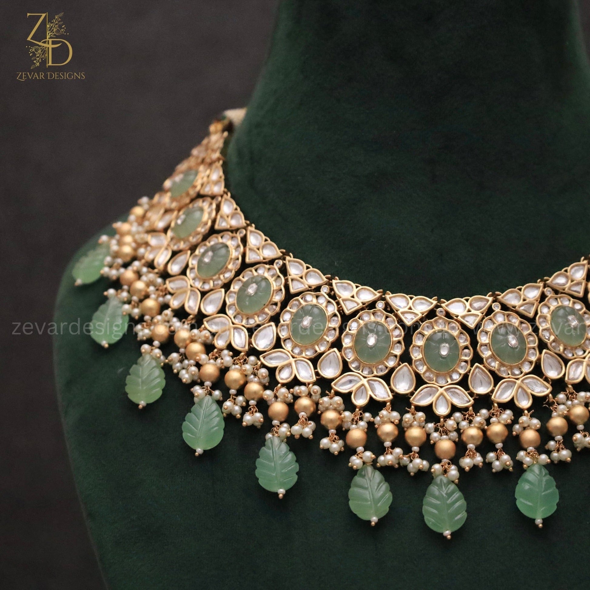 Zevar Designs Designer Necklace Sets Bridal Necklace Set with Mint Green Drops & Golden Beads