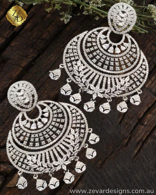 Zevar Designs Indo-Western Earrings Chandbali AD Earrings - Silver Finish