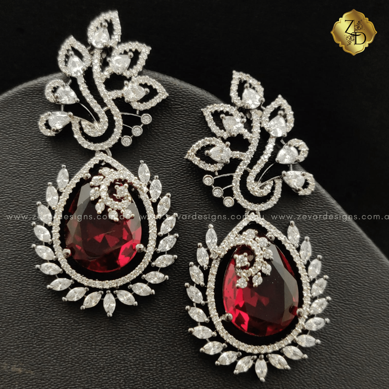 Zevar Designs Indo-Western Earrings Crystal Ruby Red AD Earrings