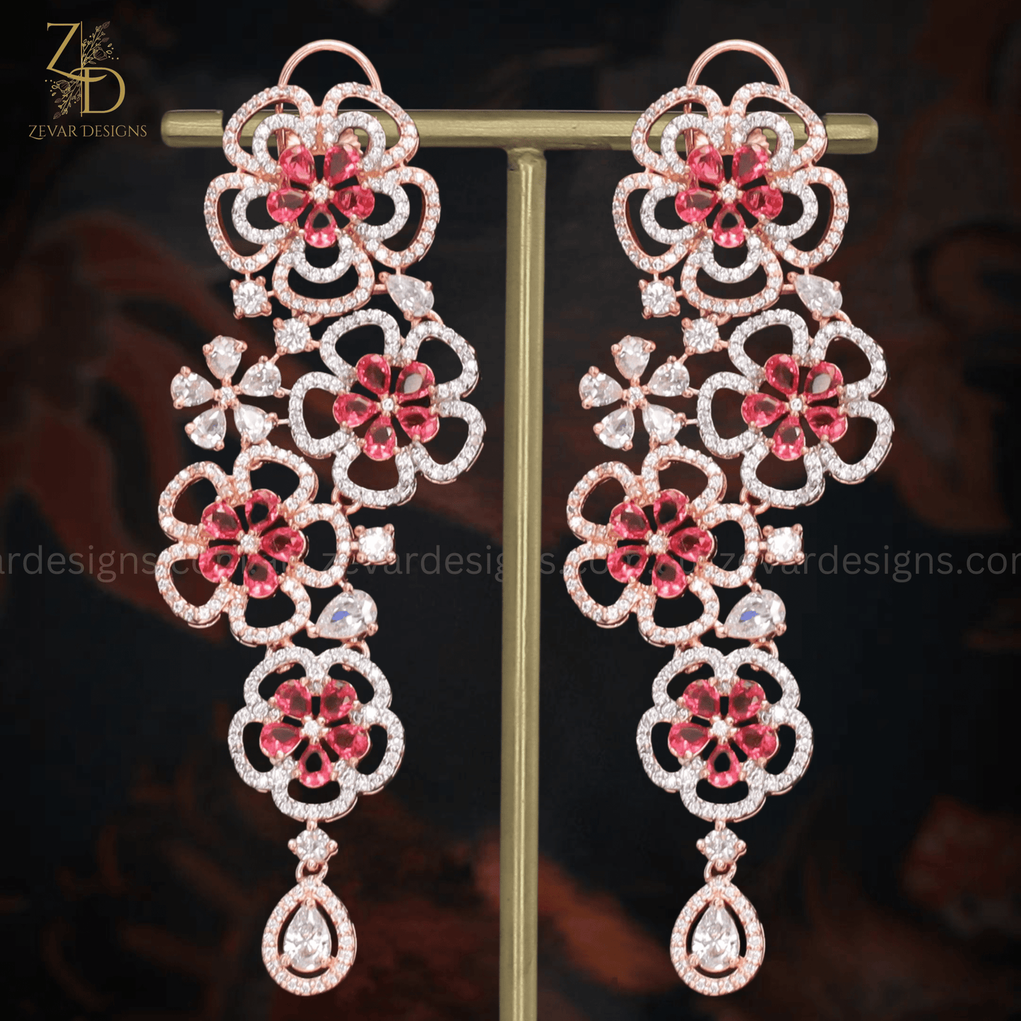 Zevar Designs Indo-Western Earrings Crystal Ruby Rose Gold AD Earrings