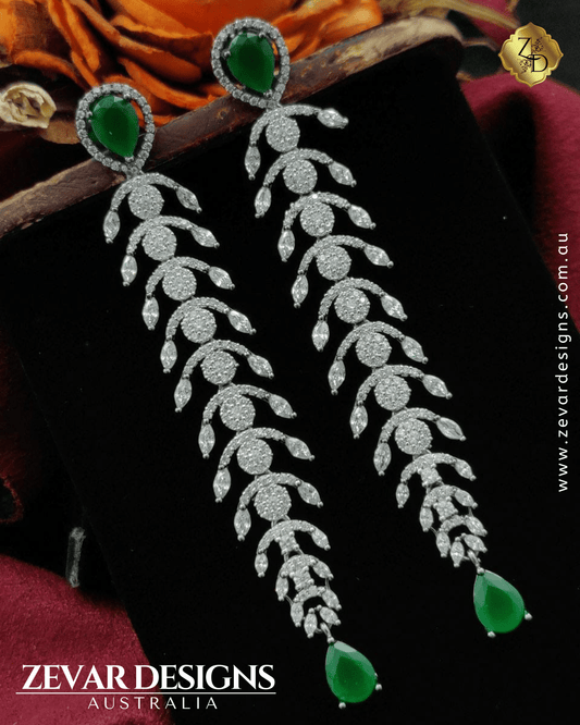 Zevar Designs Indo-Western Earrings Dangle AD Earrings - Emerald Green