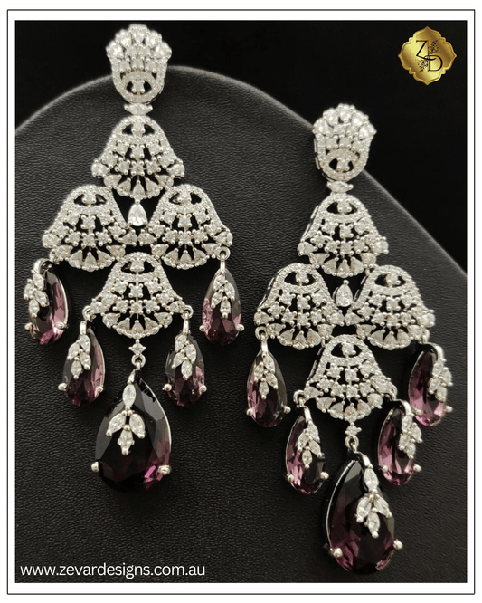 Zevar Designs Indo-Western Earrings Designer Crystal AD Earrings - Crystal Purple