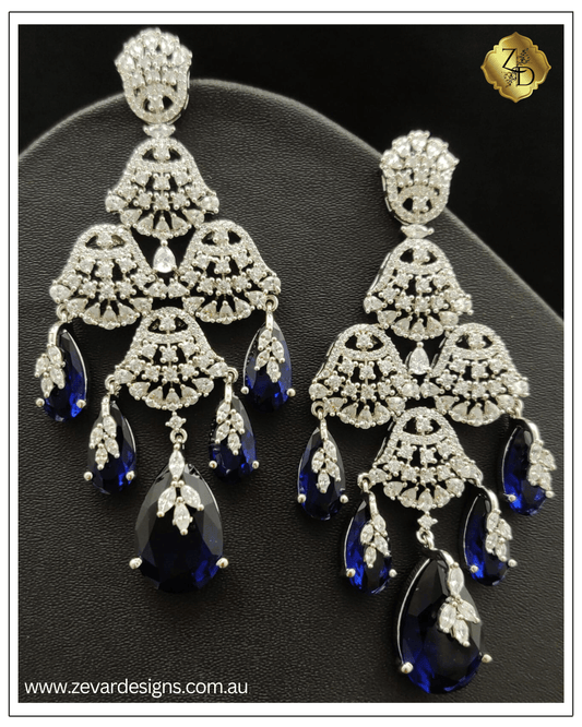 Zevar Designs Indo-Western Earrings Designer Crystal AD Earrings - Ink Blue