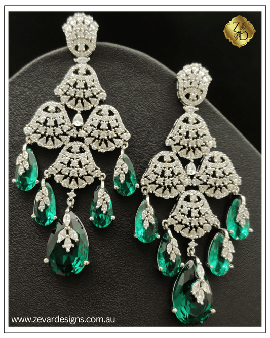 Zevar Designs Indo-Western Earrings Designer Crystal AD Earrings - Rama Green