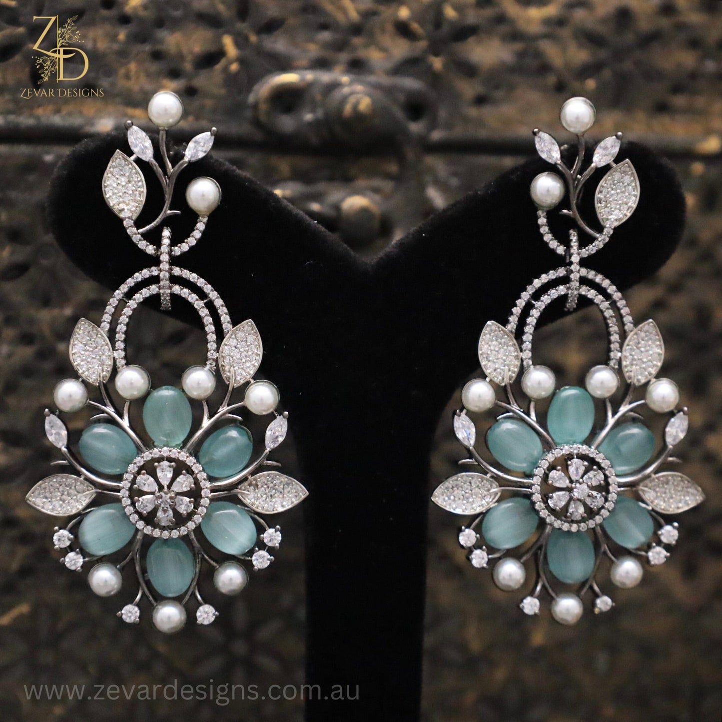 Zevar Designs Indo-Western Earrings Dual Black Finish AD Earrings - Mint