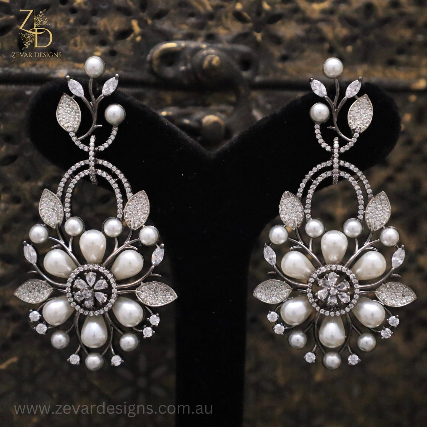 Zevar Designs Indo-Western Earrings Dual Black Finish AD Earrings - Pearls