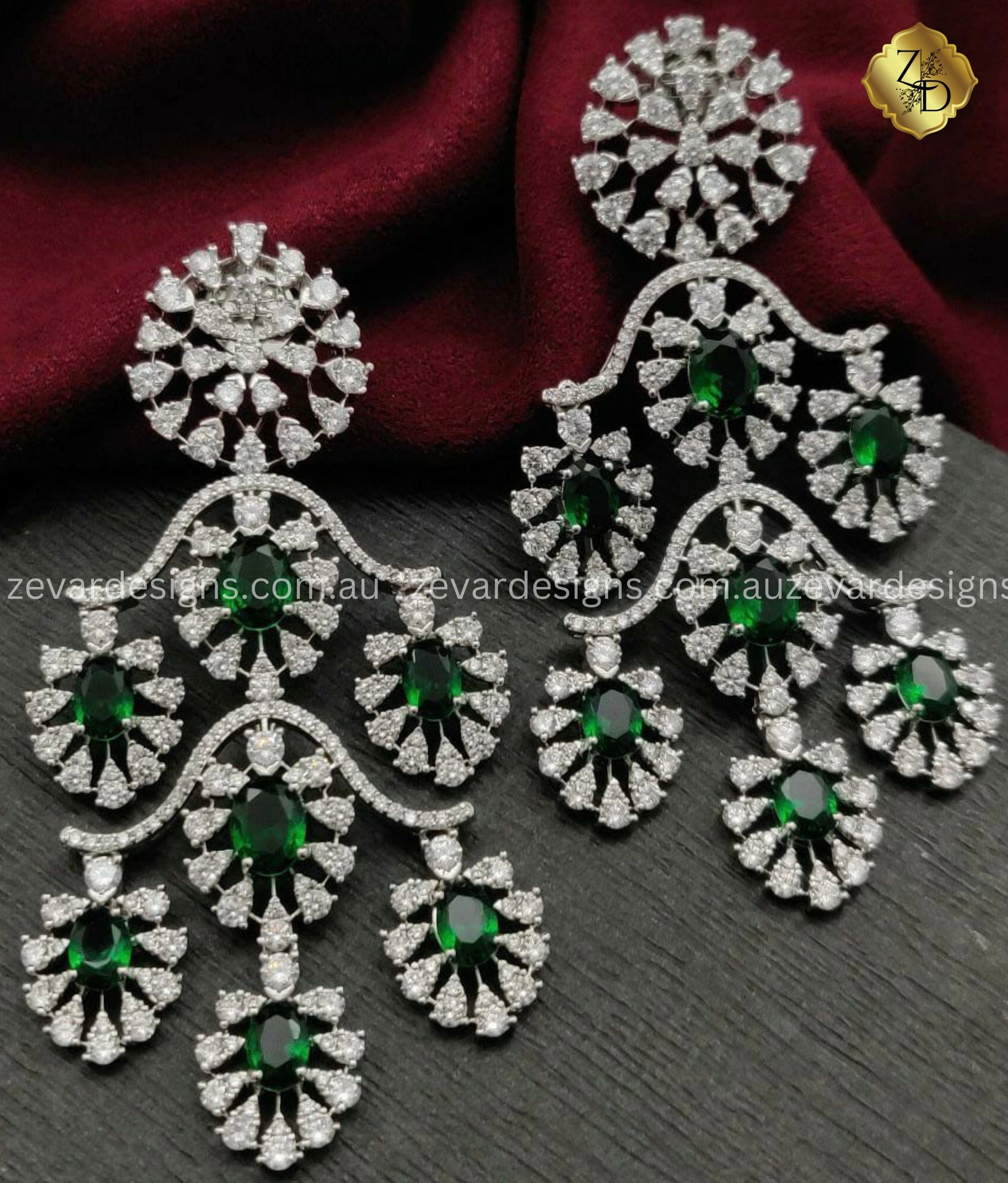 Zevar Designs Indo-Western Earrings Emerald Green AD Earrings