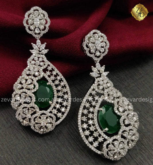Zevar Designs Indo-Western Earrings Emerald Green AD Earrings