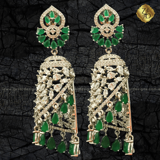 Zevar Designs Indo-Western Earrings Emerald Green AD Jhumki