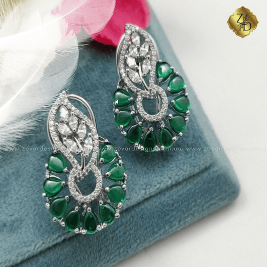 Zevar Designs Indo-Western Earrings Emerald Green AD Studs
