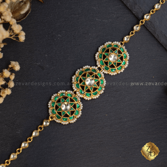 Zevar Designs Maang Tikka Emerald Green Pachi Kundan Sheesh Phool - Headband