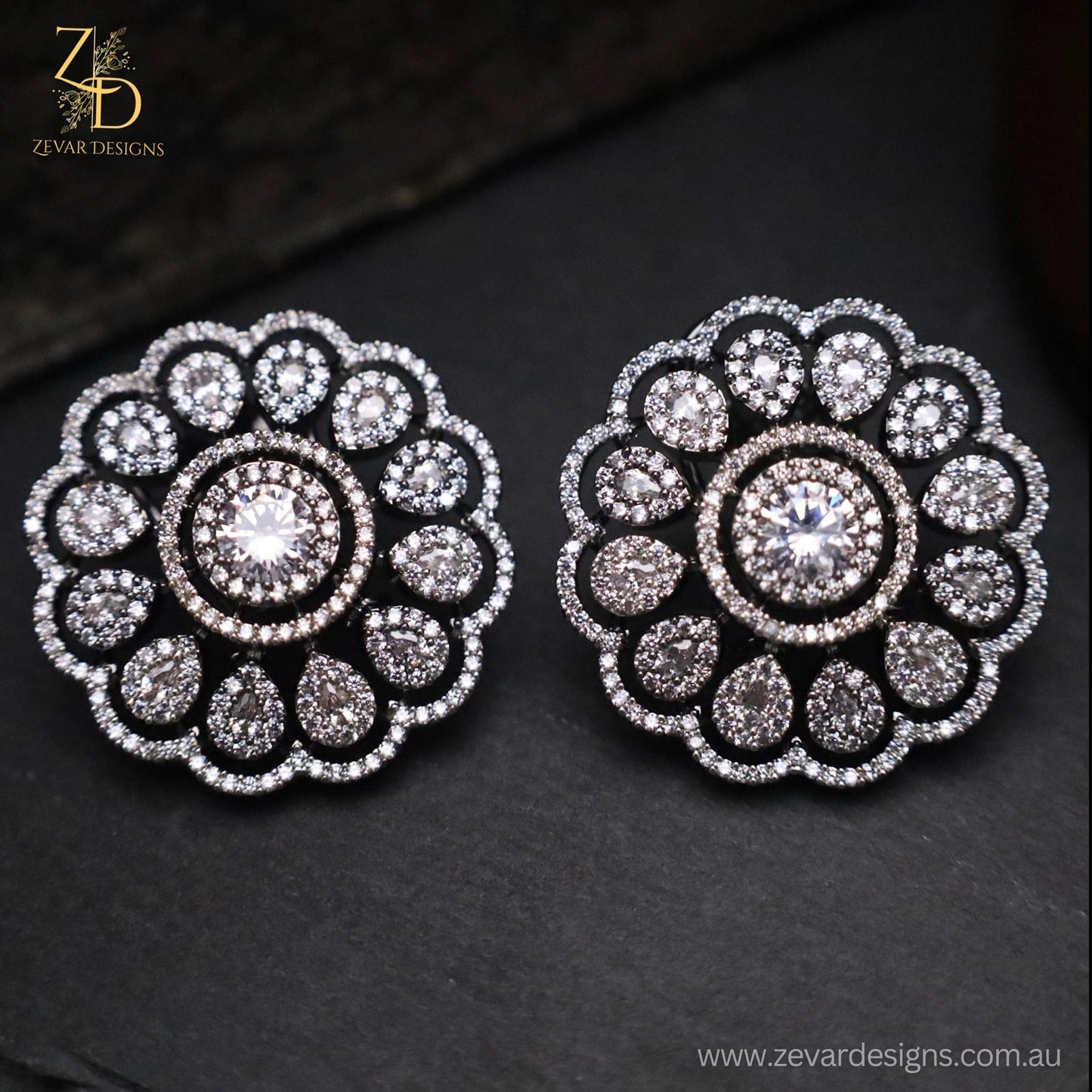 Zevar Designs Indo-Western Earrings Fine AD Studs - Black Rhodium