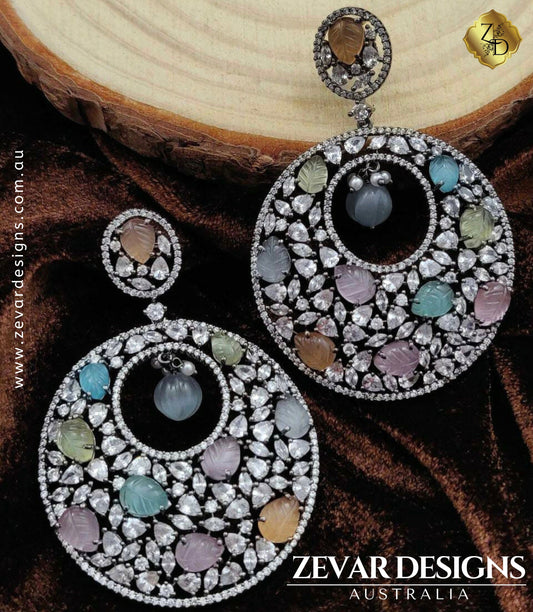 Zevar Designs Indo-Western Earrings Fusion Style AD Chandbali -Pastel Multicolor