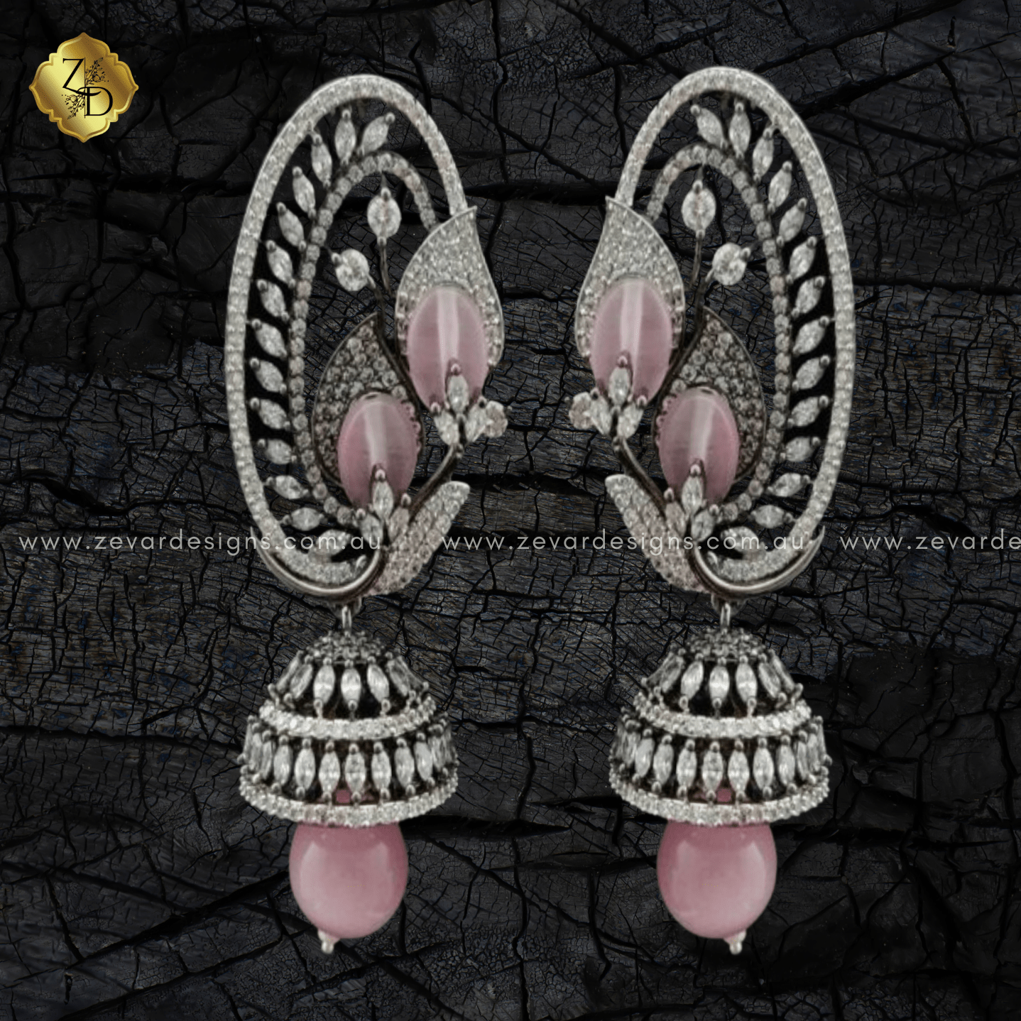 Zevar Designs Indo-Western Earrings Fusion Style AD Jhumki -Pastel Pink