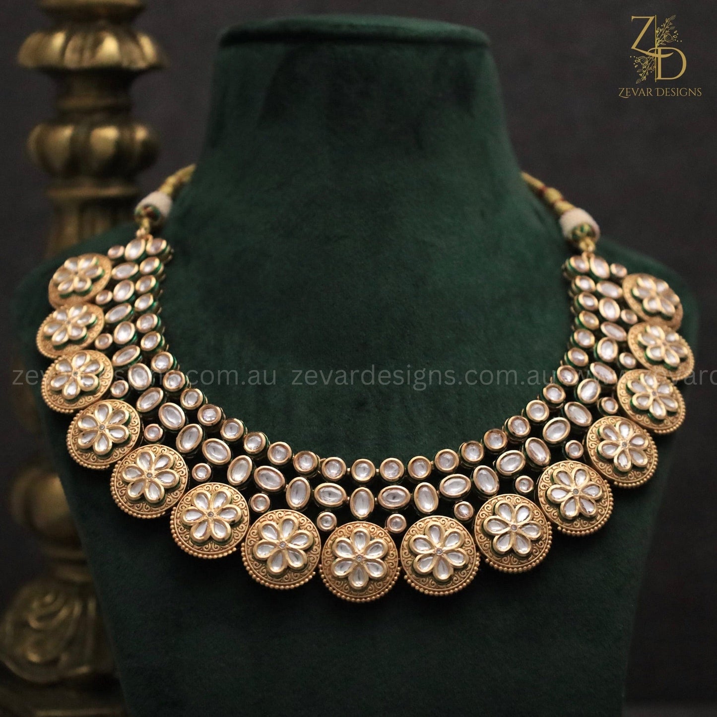 Zevar Designs Designer Necklace Sets Gold Plated Kundan Polki Necklace Set with Studs