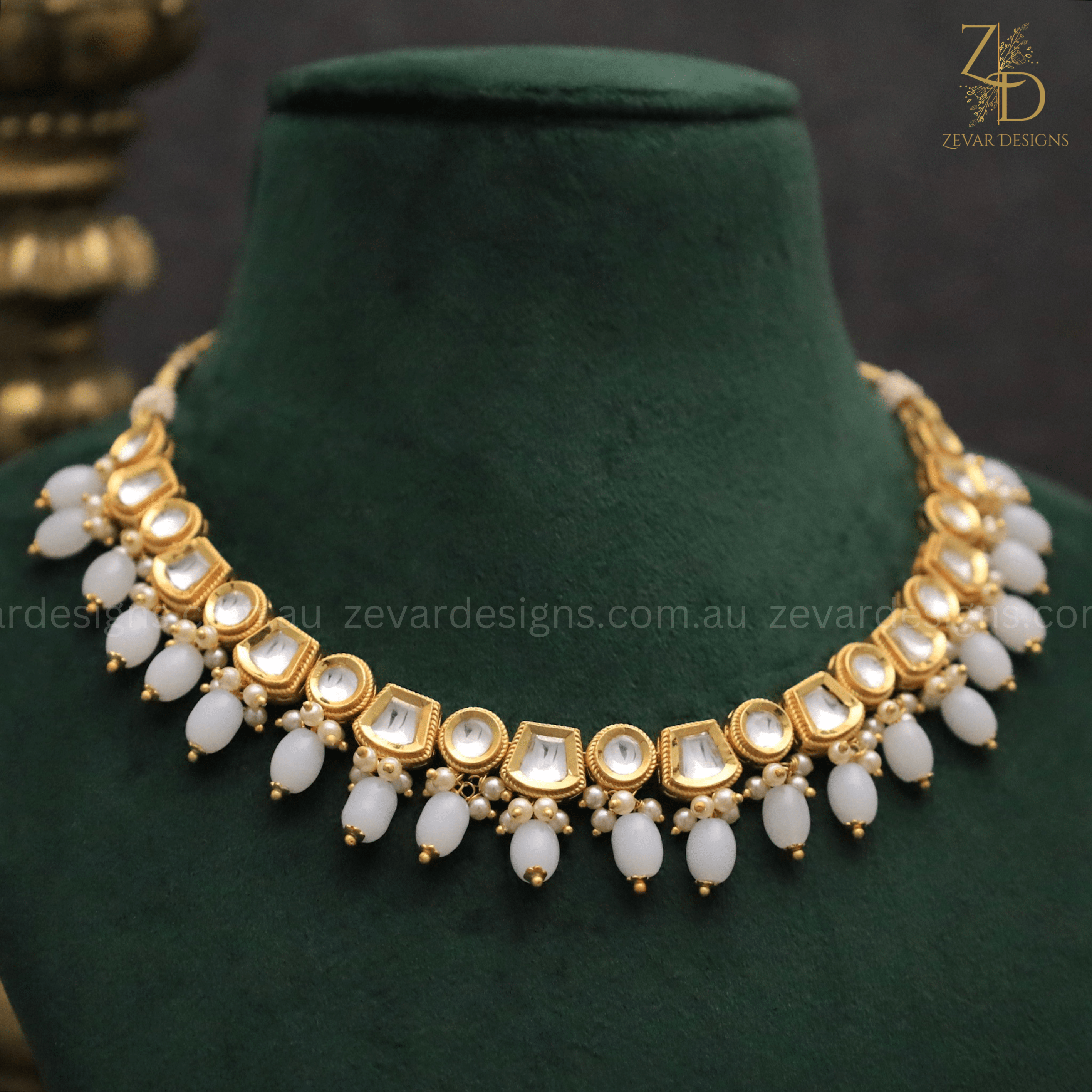 Gold Plated Lightweight Polki Necklace Set Grey Zevar Designs