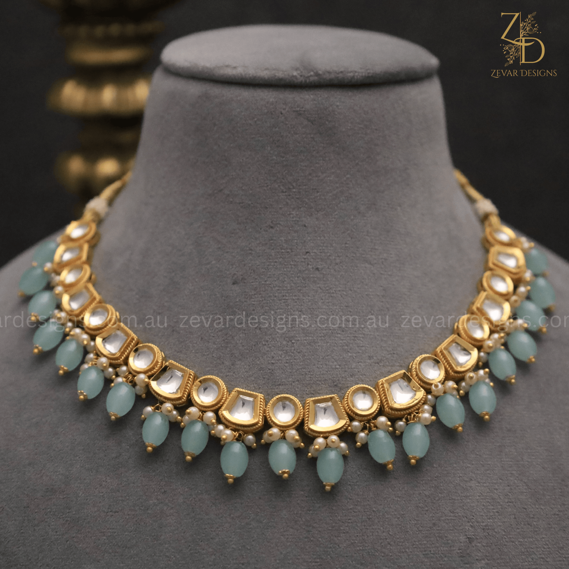 Gold Plated Lightweight Polki Necklace Set Ocean Blue Zevar
