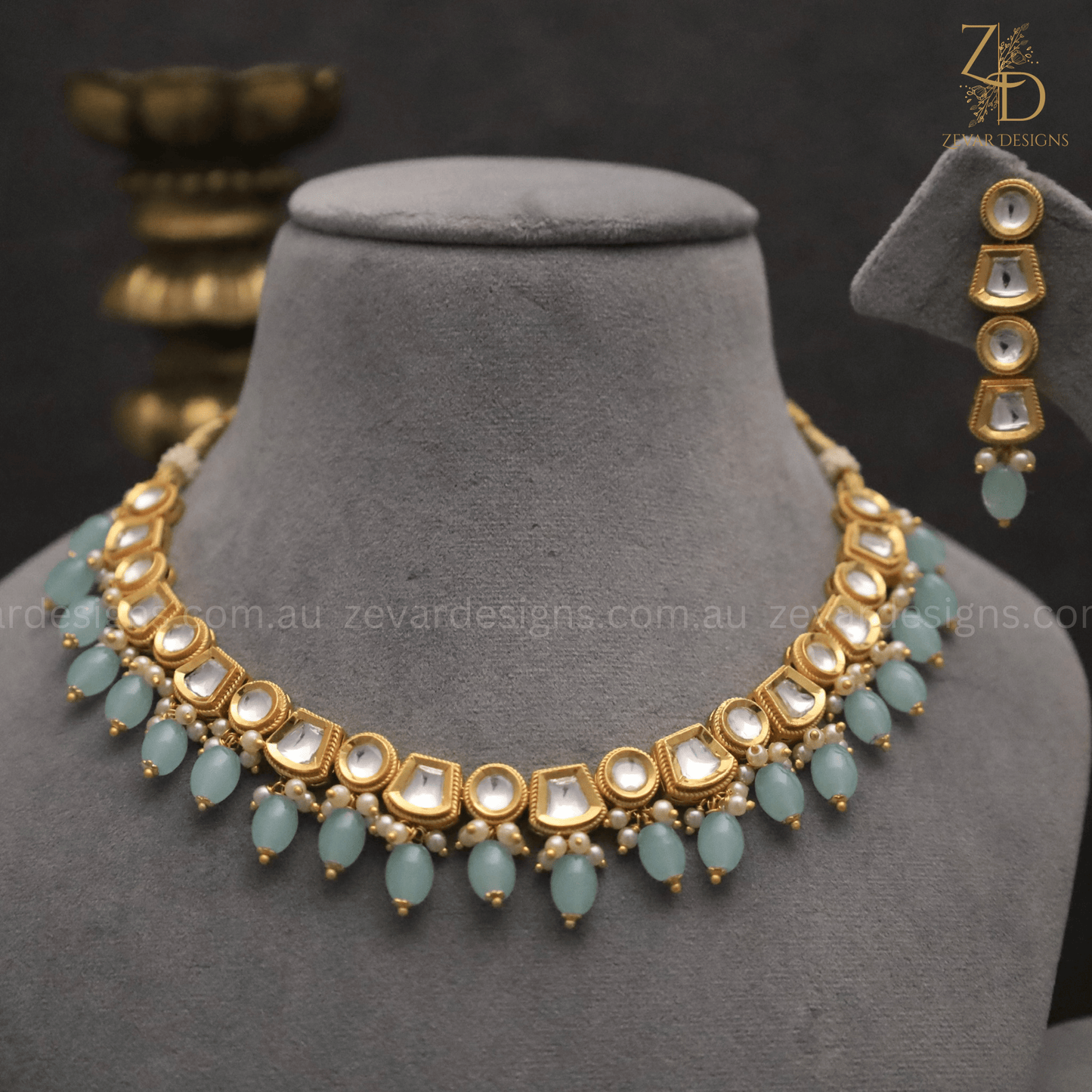 Zevar Designs Necklace Sets Gold Plated Lightweight Polki Necklace Set - Ocean Blue