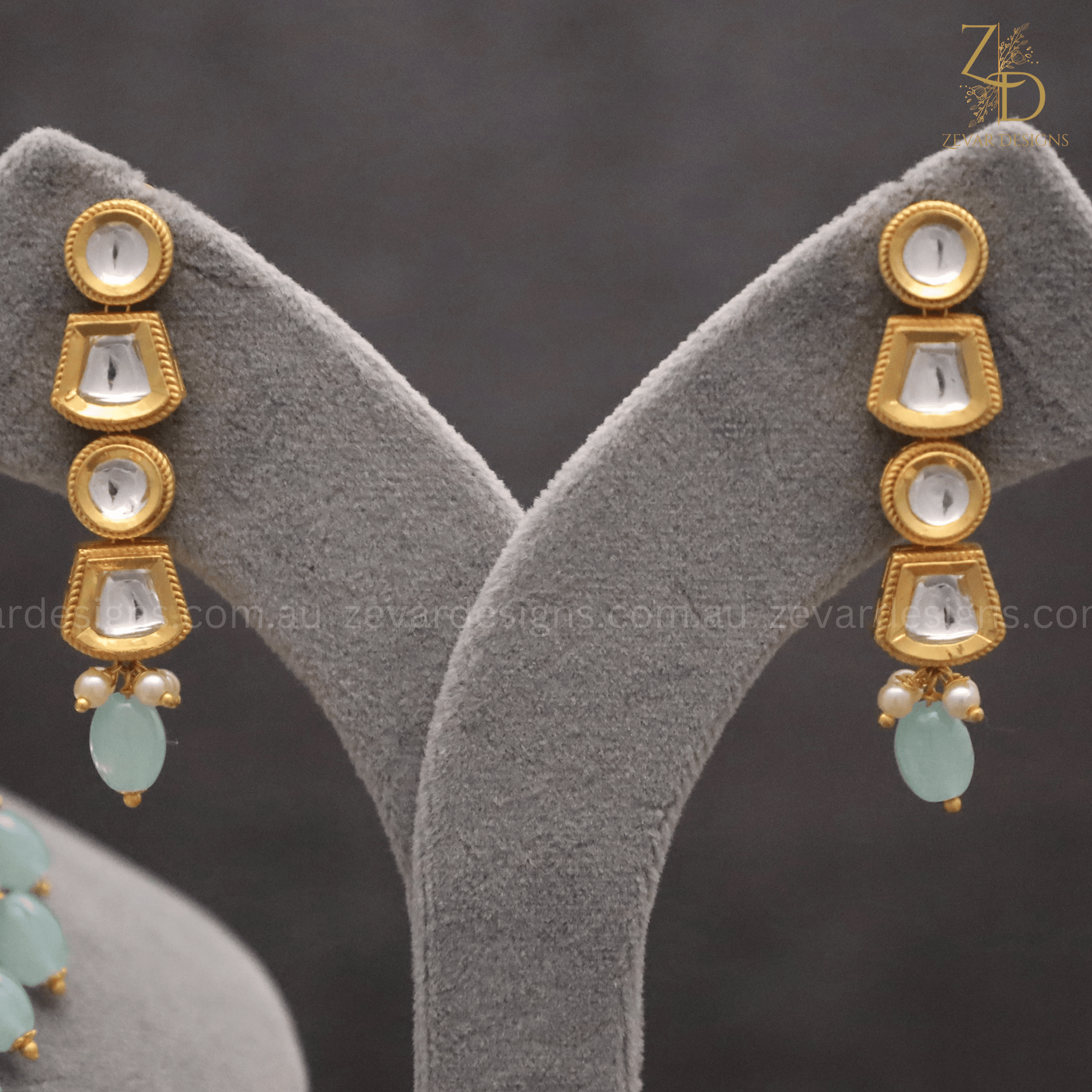 Gold Plated Lightweight Polki Necklace Set Ocean Blue Zevar