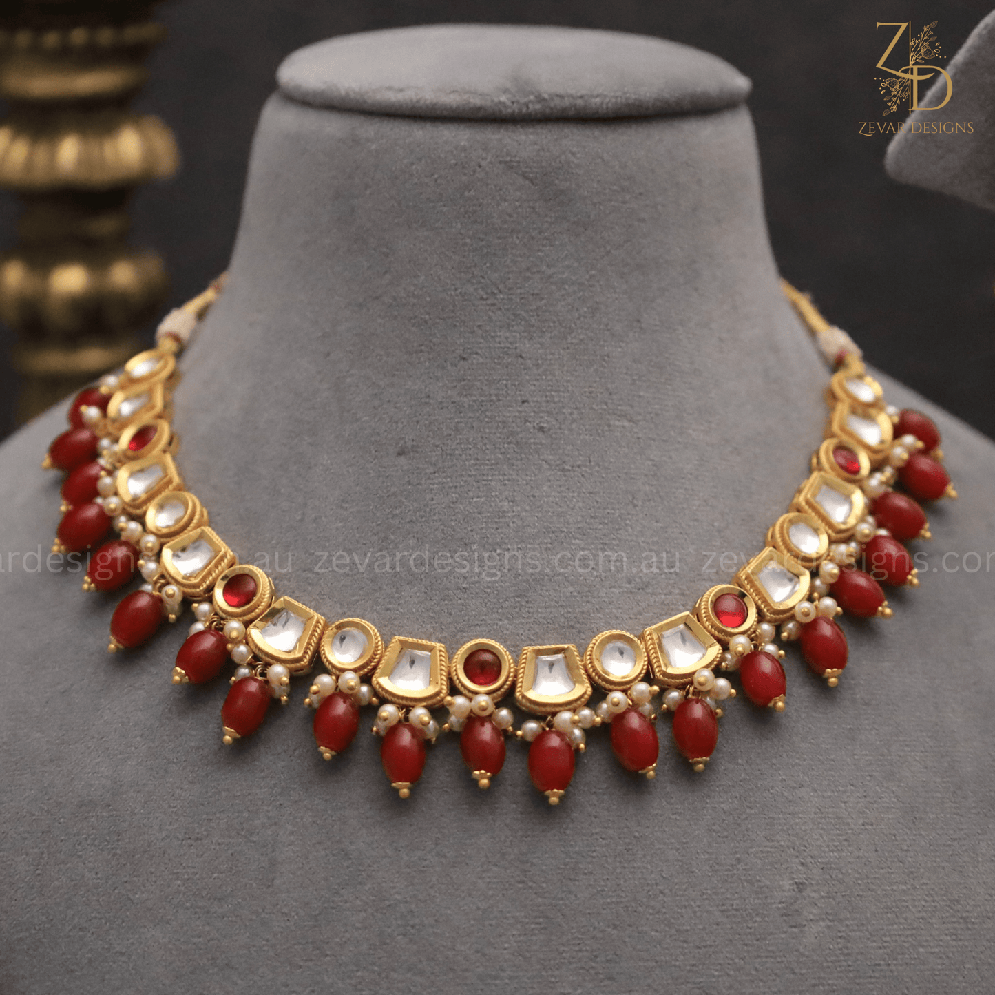 Zevar Designs Necklace Sets Gold Plated Lightweight Polki Necklace Set - Ruby