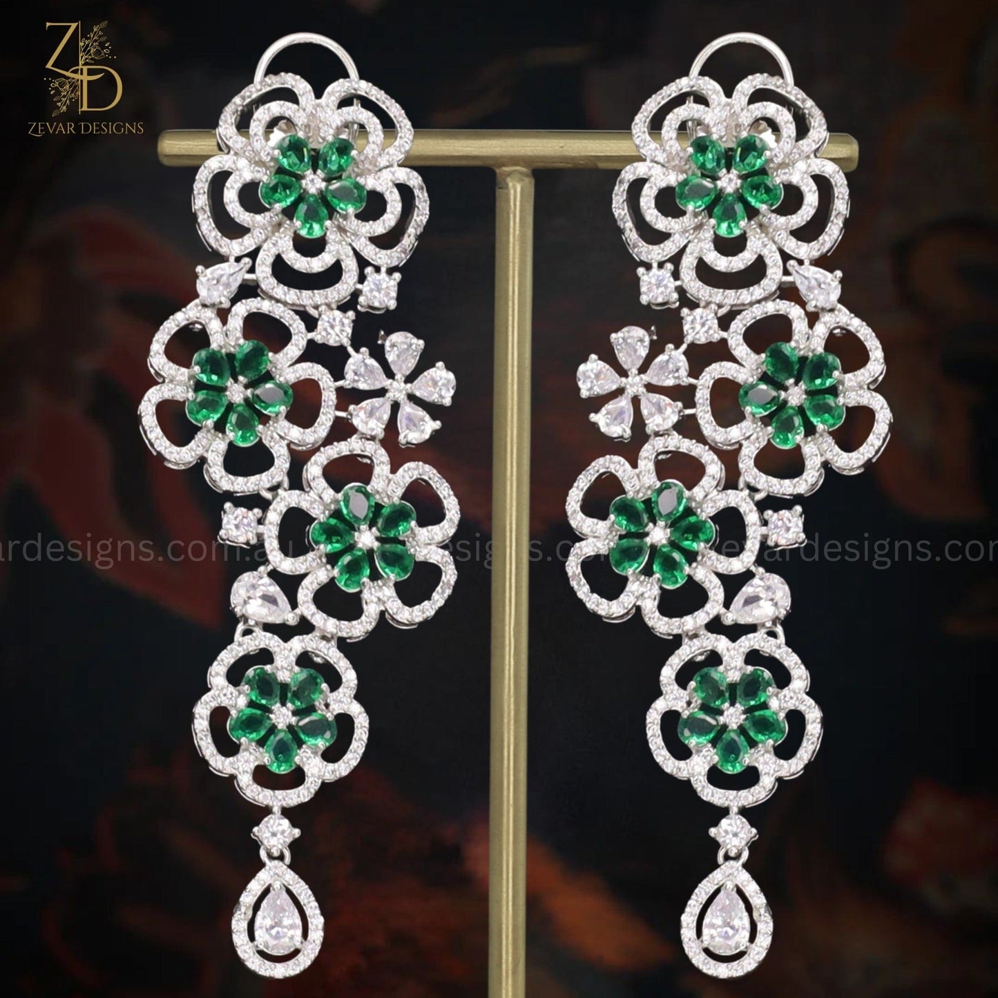Zevar Designs Indo-Western Earrings Green AD Earrings
