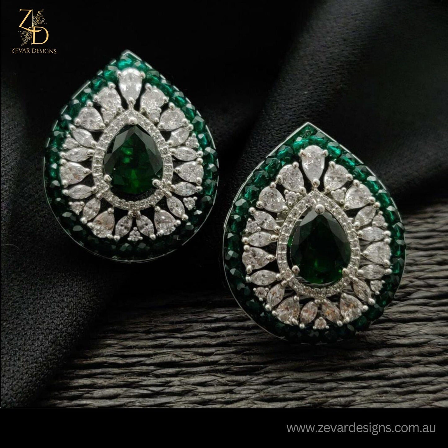 Zevar Designs Indo-Western Earrings Green AD Studs